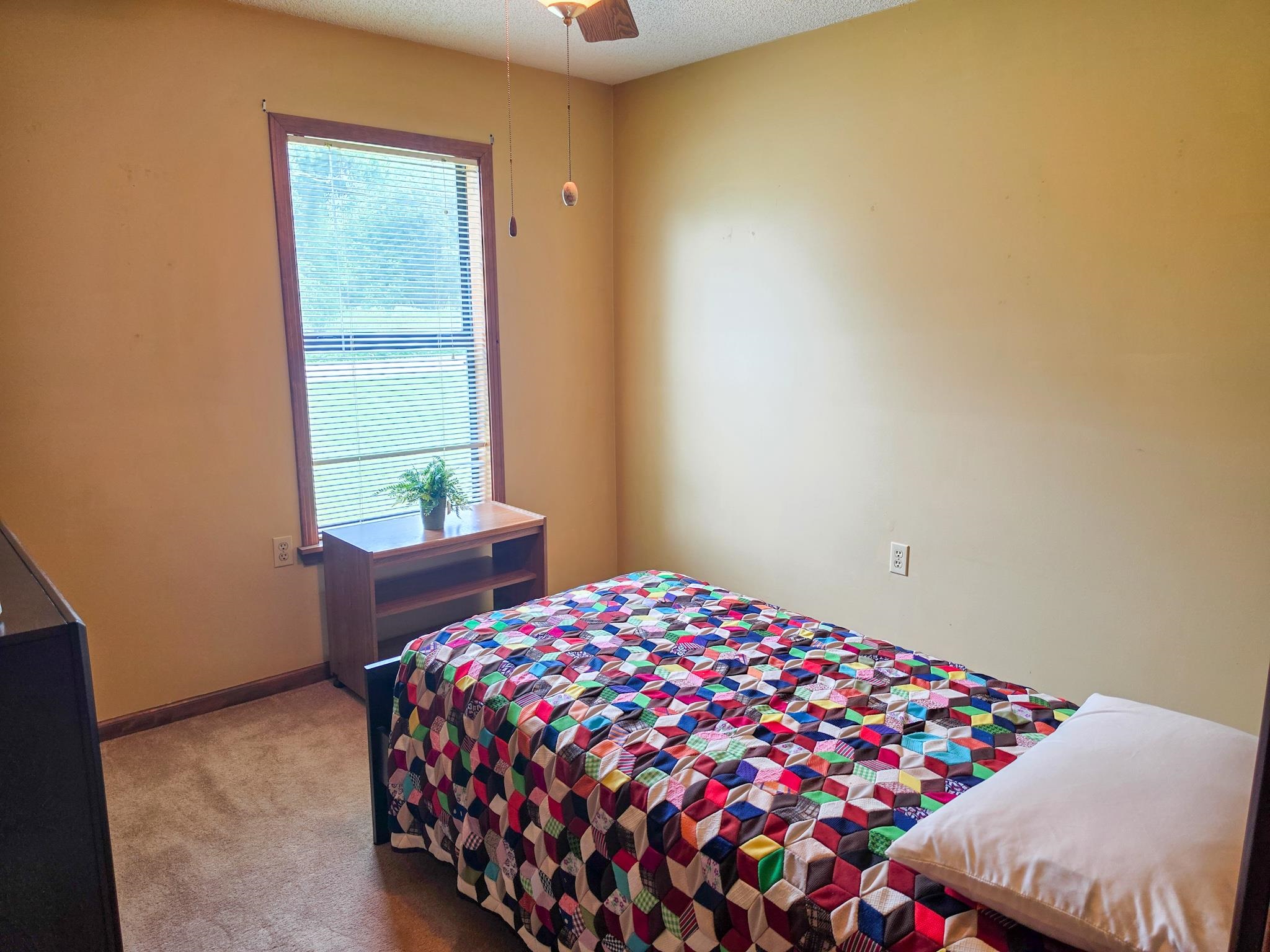 966 Beaver Road Munford, TN 38058 - Photo 19 of 32 Carpeted room featuring a single window with blinds and wood-finish trim, neutral wall paint, and a ceiling fan with light fixture