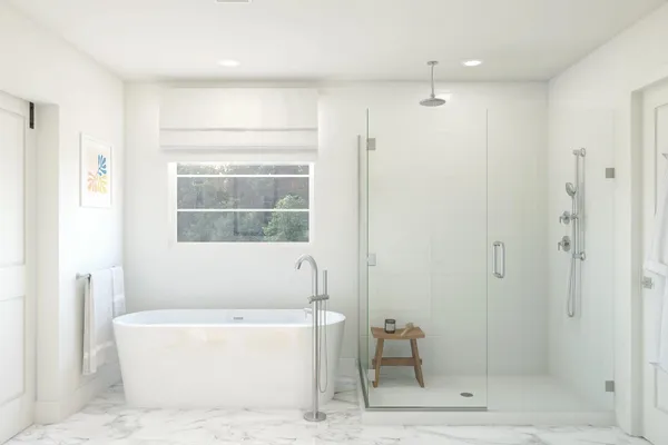 a bathroom with a bathtub and a shower