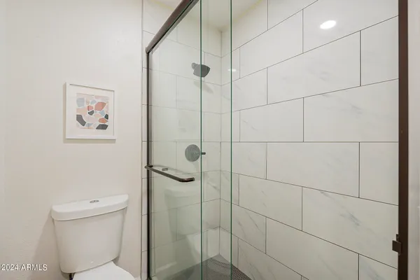 a bathroom with a toilet and a shower