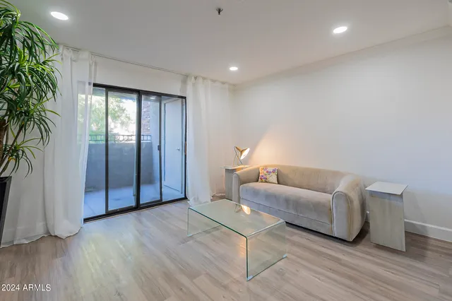 a living room with furniture and a potted plant