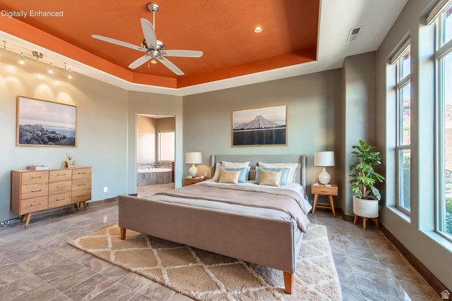 322 340 E Street Ivins, UT 84738 - Photo 27 of 61 Spacious room featuring a tray ceiling with a ceiling fan, recessed lighting, and track lighting