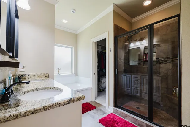 a bathroom with a granite countertop sink vanity and mirror