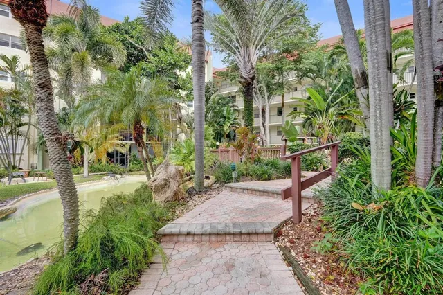 a view of a yard with plants and trees