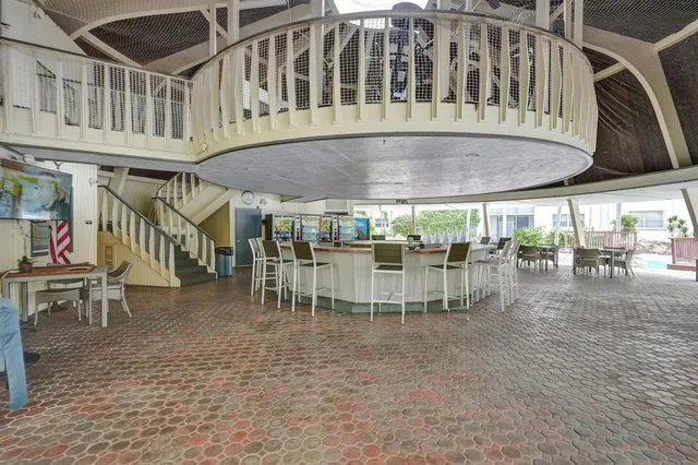 an outdoor space with seating