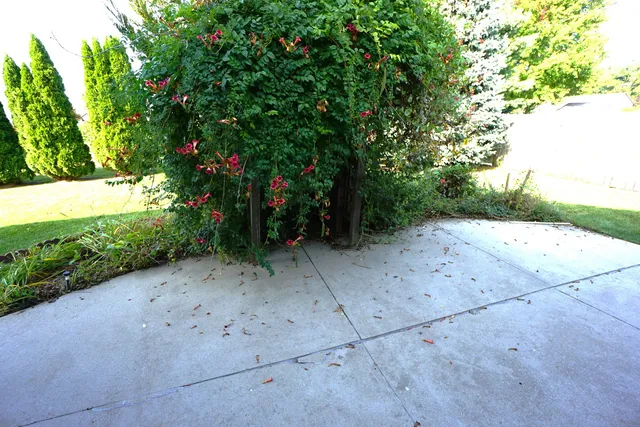 a backyard of a house with table and chairs