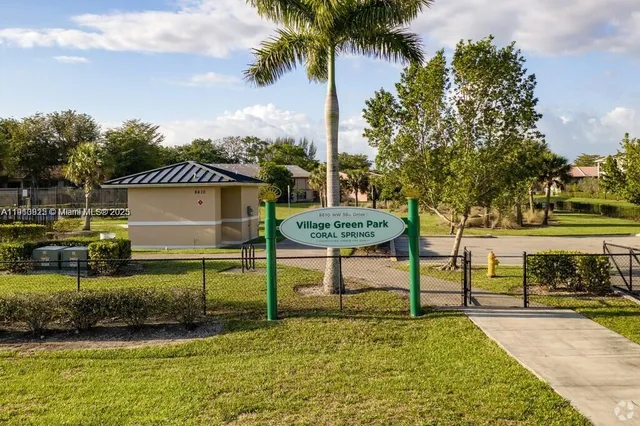 a view of a garden with a slide