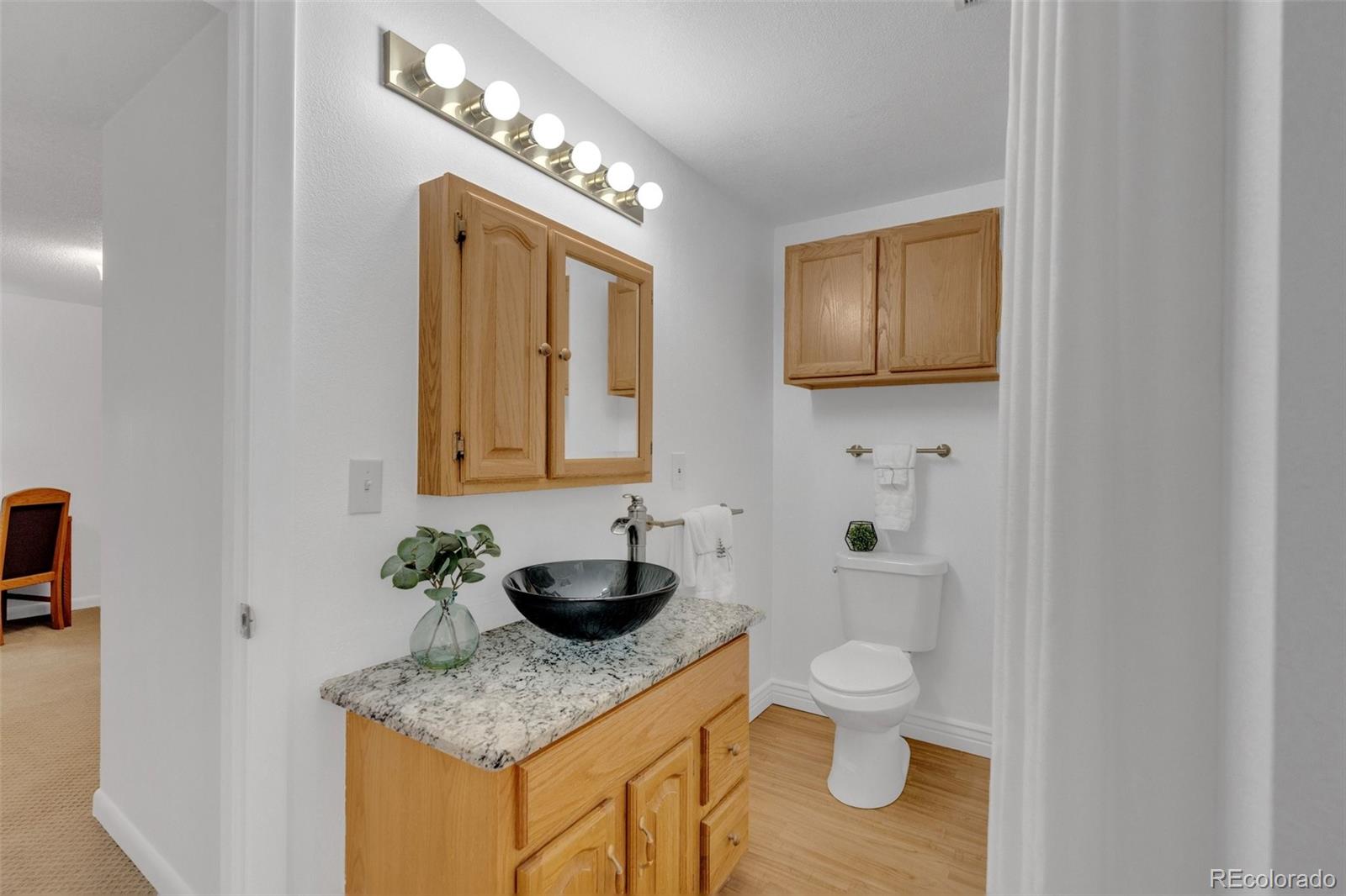 4320 Genoa Street Denver, CO 80249 - Photo 14 of 48 a bathroom with a granite countertop sink and a toilet