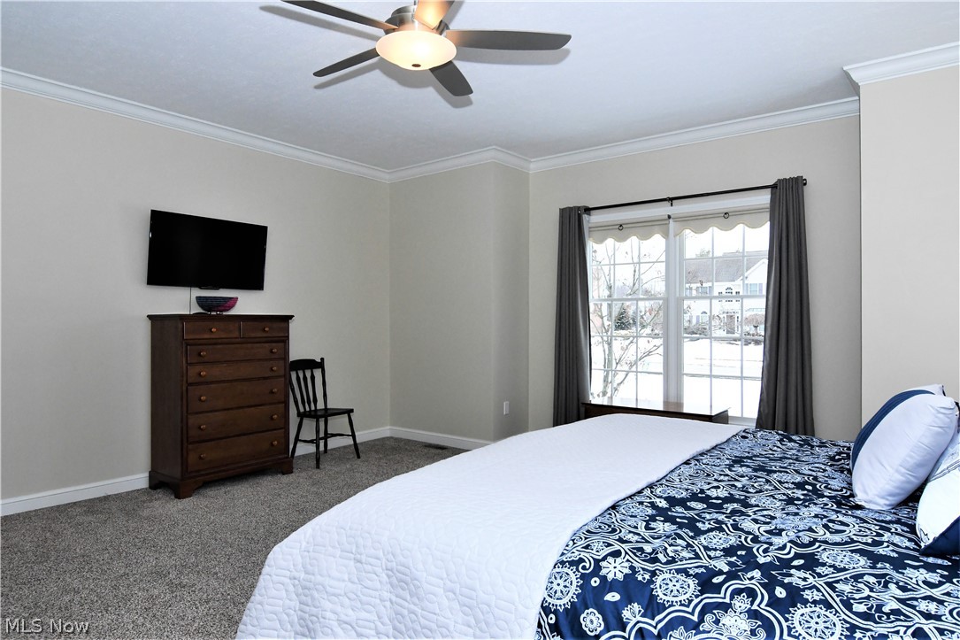 659 Sunridge Road Fairlawn, OH 44333 - Photo 16 of 35 Master bedroom with crown molding and ceiling fan. Note *wall mounted TV is excluded