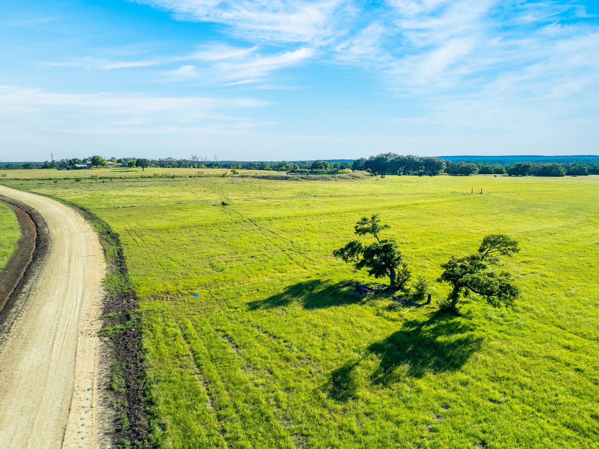 32 Feild Ranch Road Burnet, TX 78611 - Photo 9 of 40 A winding path cuts through expansive green pastures under a clear blue sky.