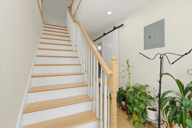 a view of staircase with railing and a potted plant