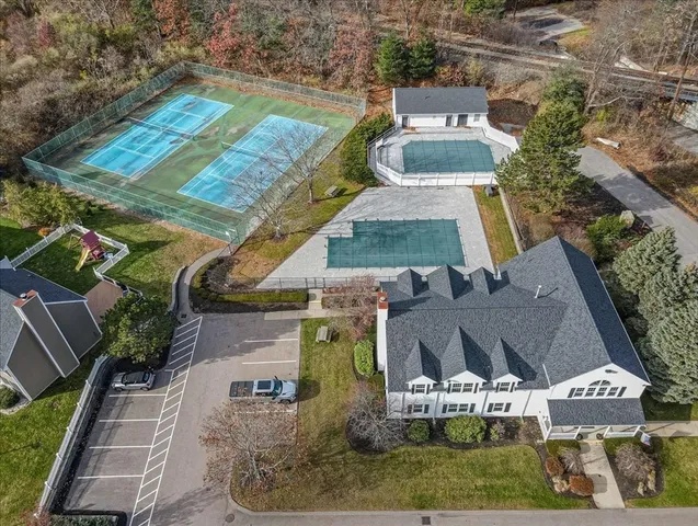 an aerial view of a house with a garden