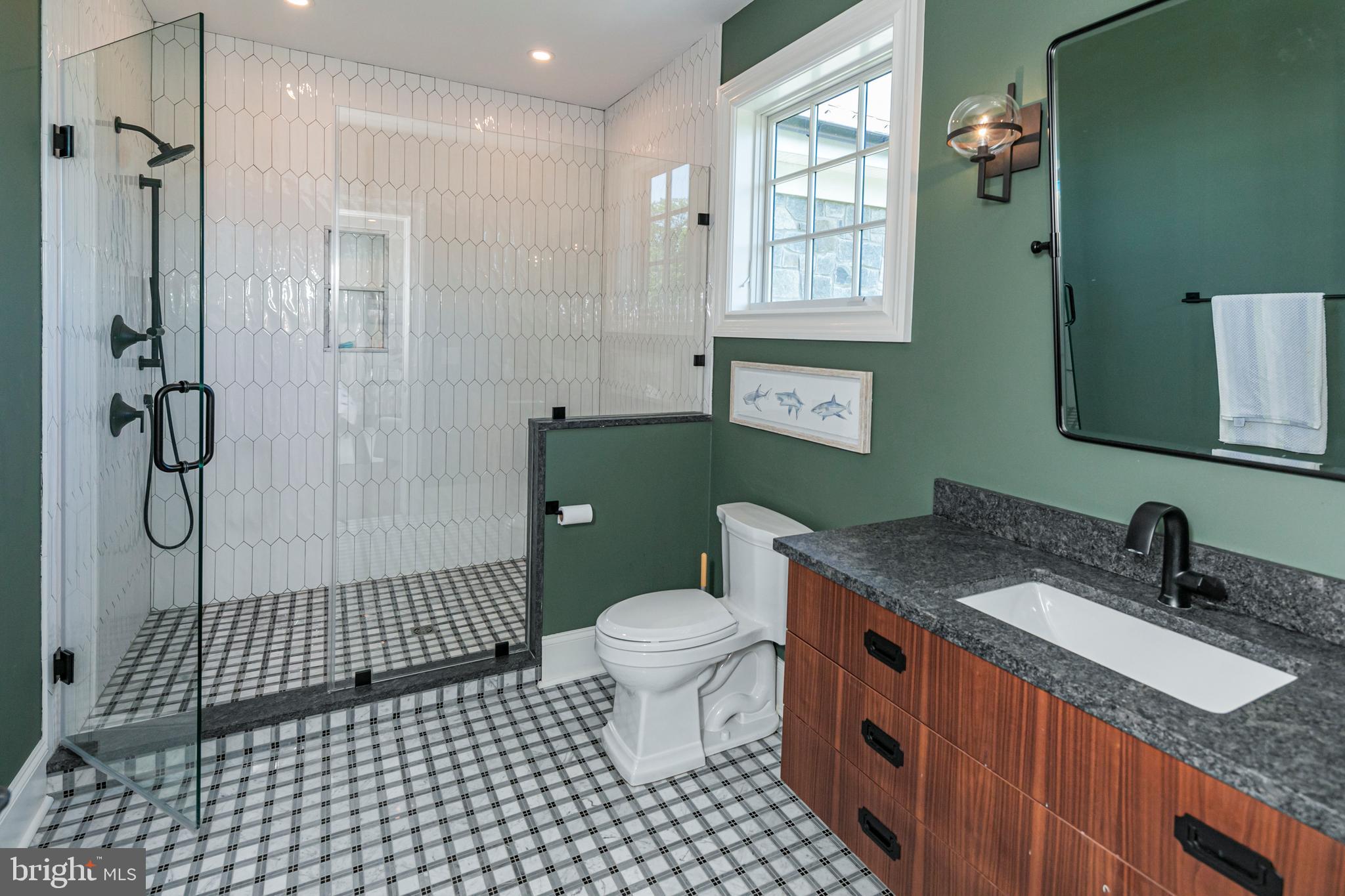 280 Carter Road Princeton, NJ 08540 - Photo 44 of 79 a bathroom with a granite countertop toilet a sink a shower and a mirror