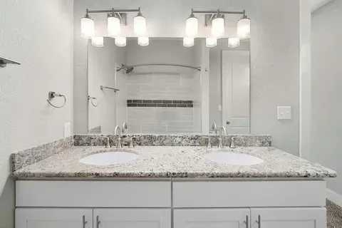 a bathroom with a granite countertop sink a shower and a mirror