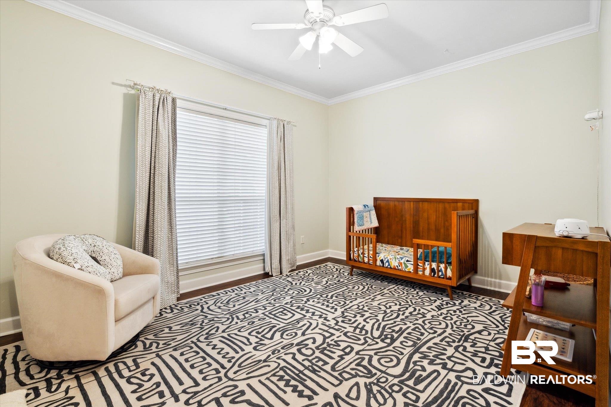 1561 William Dunn Way Mobile, AL 36695 - Photo 14 of 28 Bedroom featuring a crib, crown molding, and ceiling fan