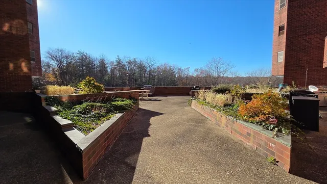 a view of a garden with sitting area