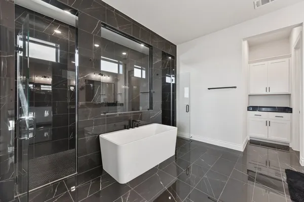 a bathroom with a shower and a sink