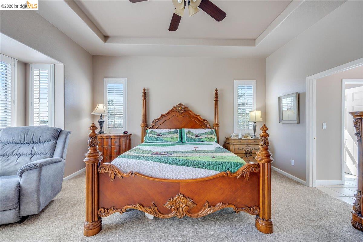 158 Rock Ridge Lane Copperopolis, CA 95228 - Photo 31 of 72 Bedroom featuring a tray ceiling with a ceiling fan, bay windows with plantation shutters, light-toned carpeting, and neutral wall paint