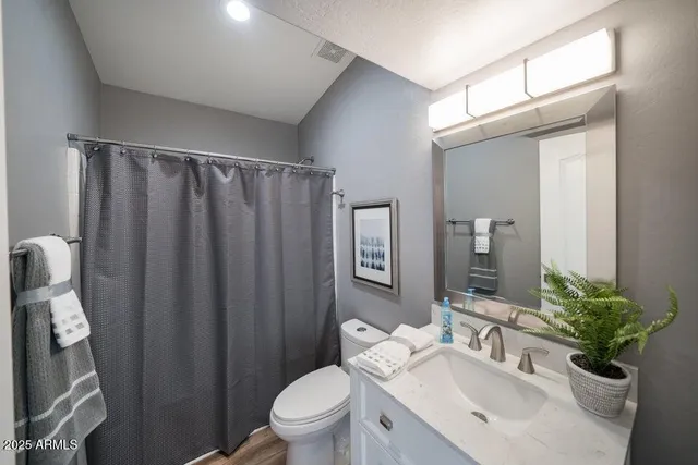 a bathroom with a sink toilet and shower