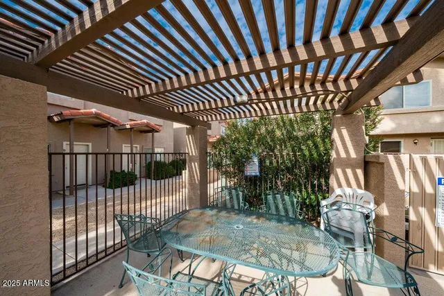 a view of a porch with a patio