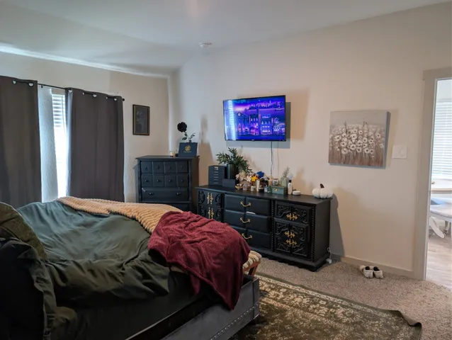 a bedroom with a bed and a dresser