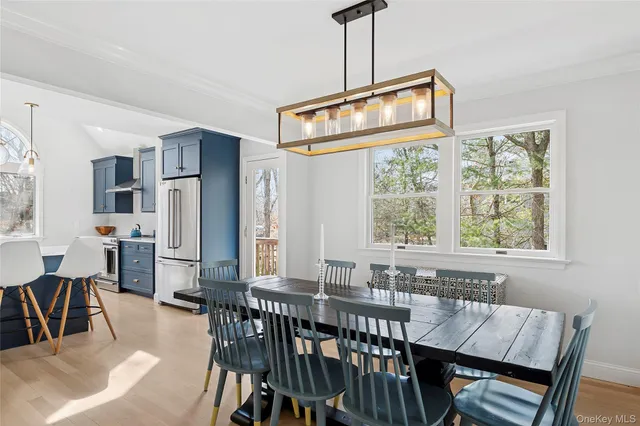 a view of a dining room with furniture window and outside view