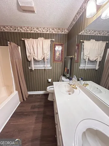 a bathroom with a sink a toilet and a mirror