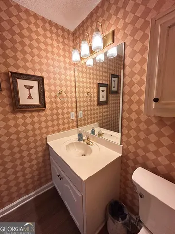 a bathroom with a sink a toilet and mirror