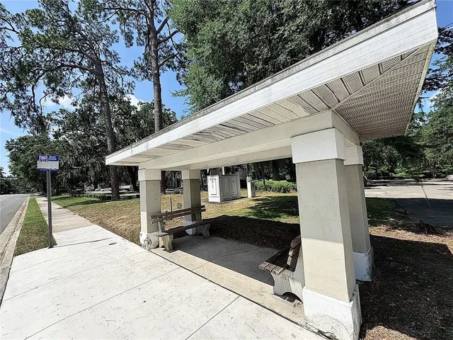 a view of a garden from a lake