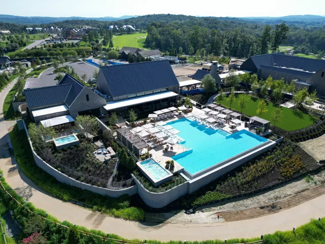 an aerial view of a tennis ground with large trees