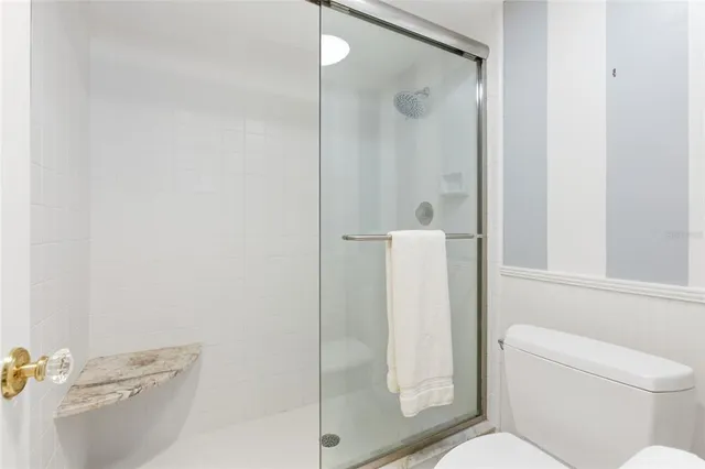 a bathroom with a shower and a toilet