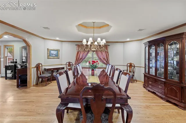 a view of a dining room with furniture a chandelier and wooden floor