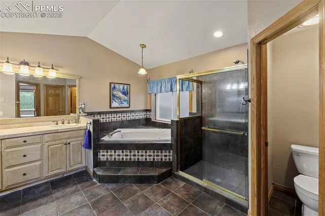 a bathroom with a granite countertop sink a toilet and shower