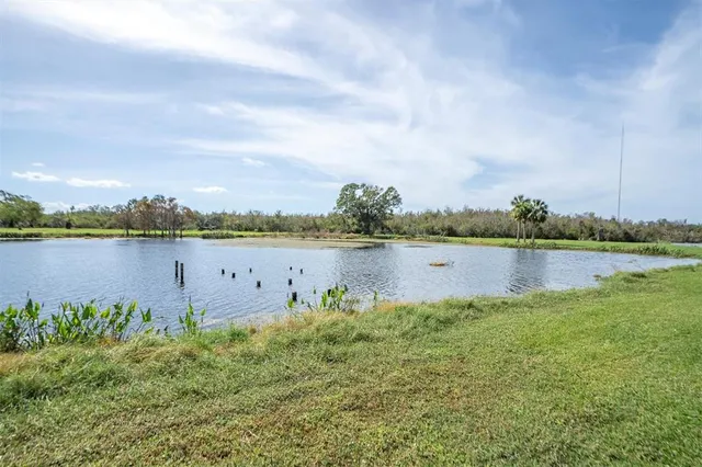 a view of a lake with houses in the back