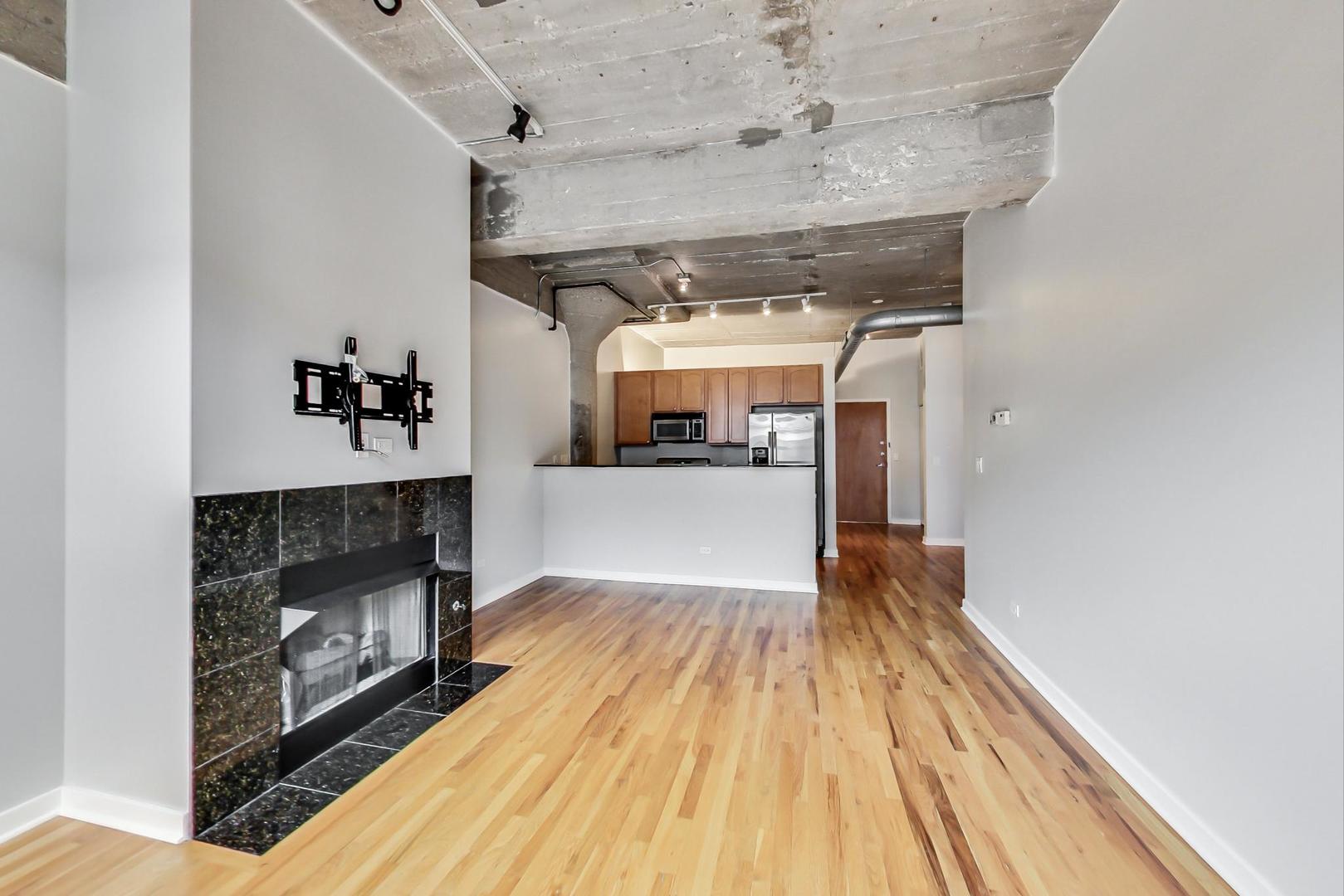 1069 West 14th Place, Unit 310 Chicago, IL 60608 - Photo 6 of 25 a view of a livingroom with wooden floor and a fireplace