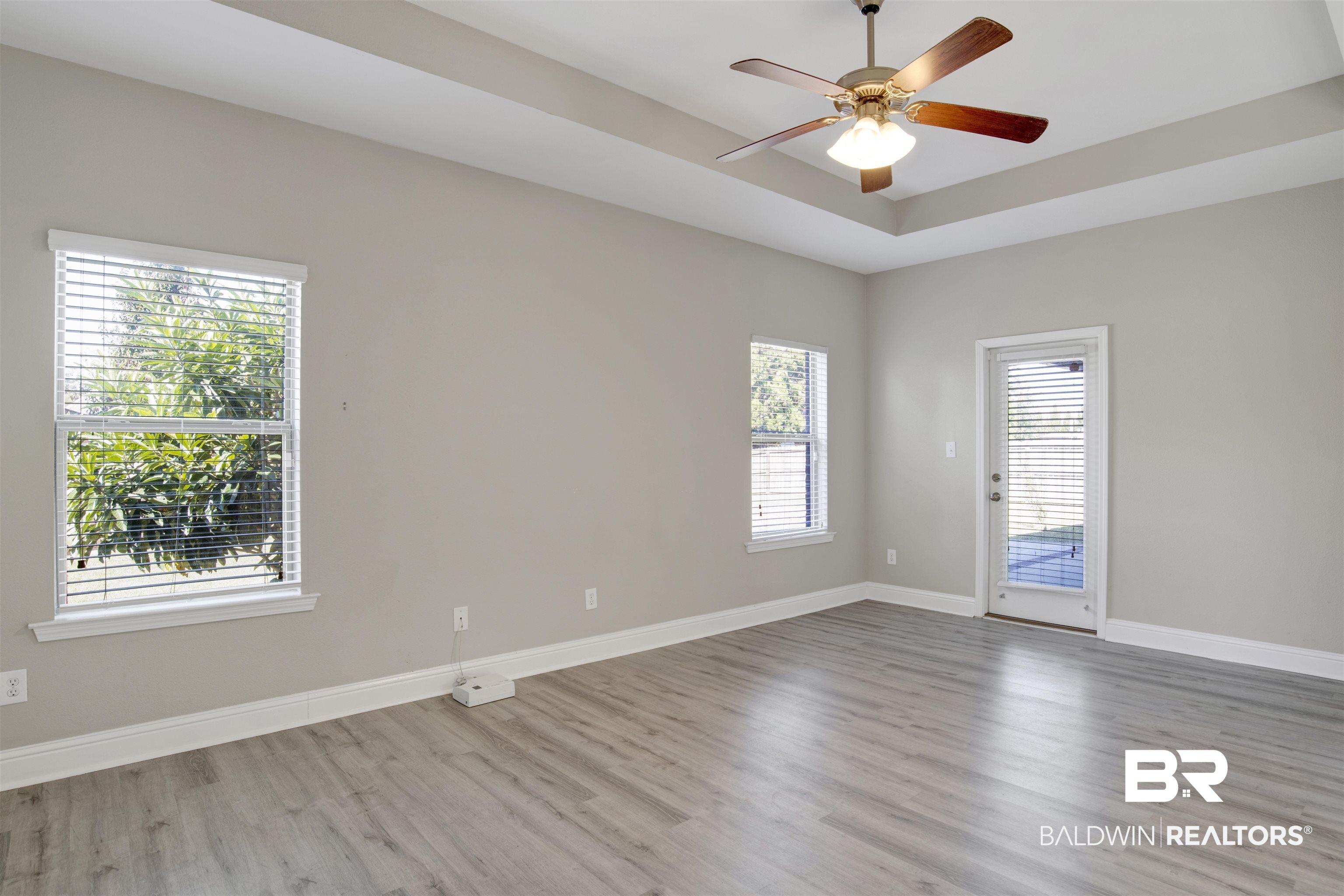 24159 Tullamore Drive Daphne, AL 36526 - Photo 21 of 31 Spare room featuring light hardwood / wood-style floors, a healthy amount of sunlight, a tray ceiling, and ceiling fan