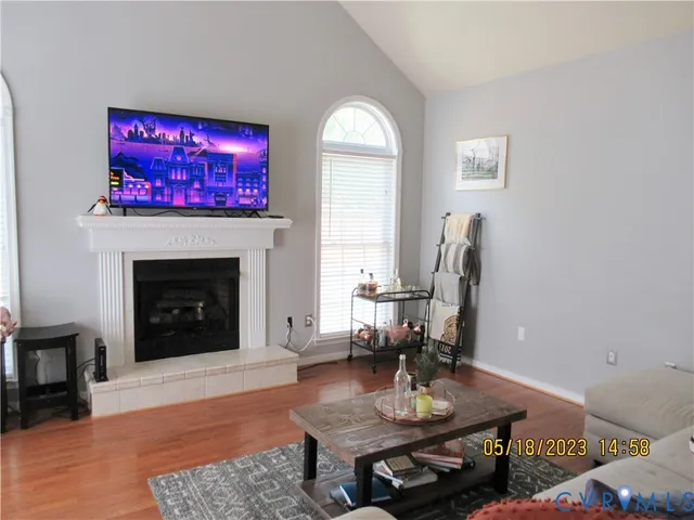 a living room with furniture a fireplace and a flat screen tv