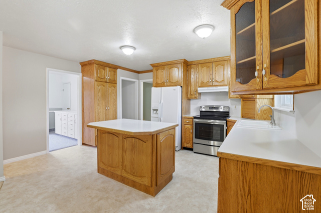 380 North 300 East Mapleton, UT 84664 - Photo 9 of 35 Kitchen featuring wood cabinetry, a center island with white countertops, stainless steel range, and a white refrigerator