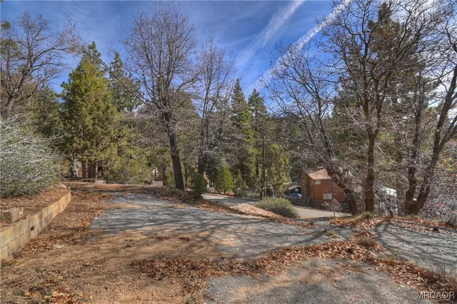 a backyard of a house with large trees