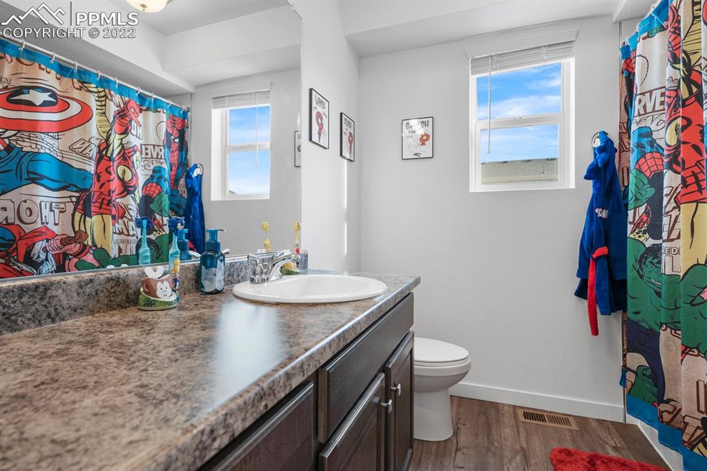 9319 Timberlake Loop Colorado Springs, CO 80927 - Photo 16 of 25 a bathroom with a sink a toilet and a shower curtain