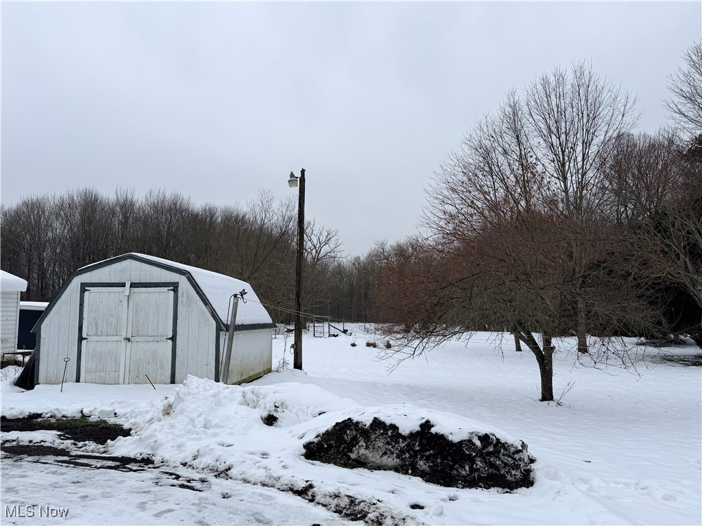 6101 Green Road Ashtabula, OH 44004 - Photo 7 of 16 Yard layered in snow with a storage shed