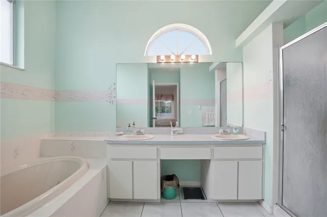 a bathroom with a tub sink and mirror