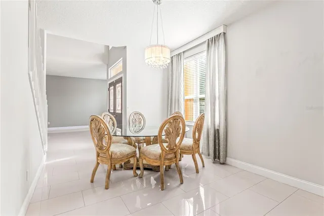 a view of a dining room with furniture and window