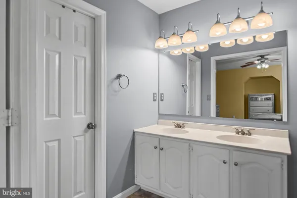 a bathroom with a sink vanity and a mirror