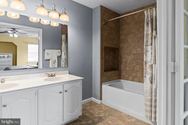 a bathroom with a bathtub shower sink vanity and mirror