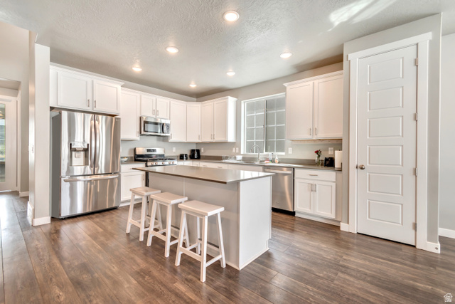 3232 West 1670th Street North Provo, UT 84601 - Photo 11 of 33 Kitchen featuring stainless steel appliances, recessed lighting, a kitchen breakfast bar, a kitchen island, and white cabinetry