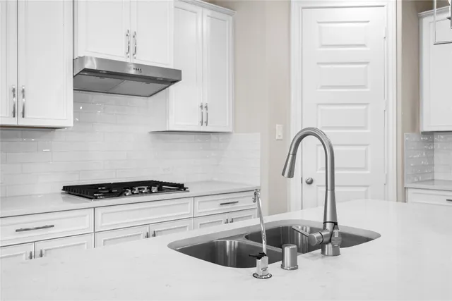 a kitchen with a sink and cabinets