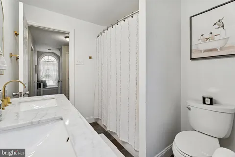 a bathroom with a sink a toilet and shower curtain