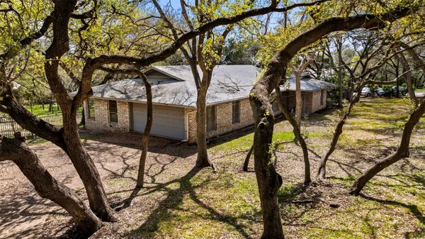 a view of a tree in the yard