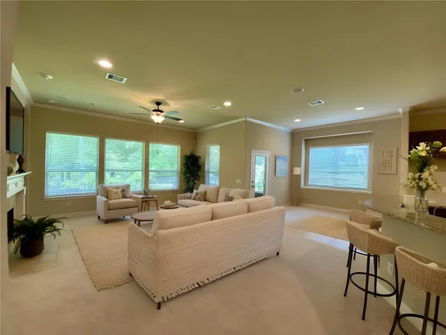 a living room with fireplace furniture and a potted plant