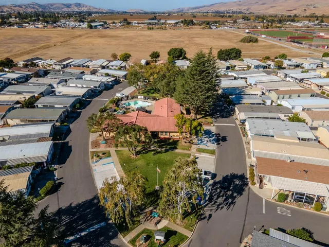 an aerial view of a house with a yard and a large tree